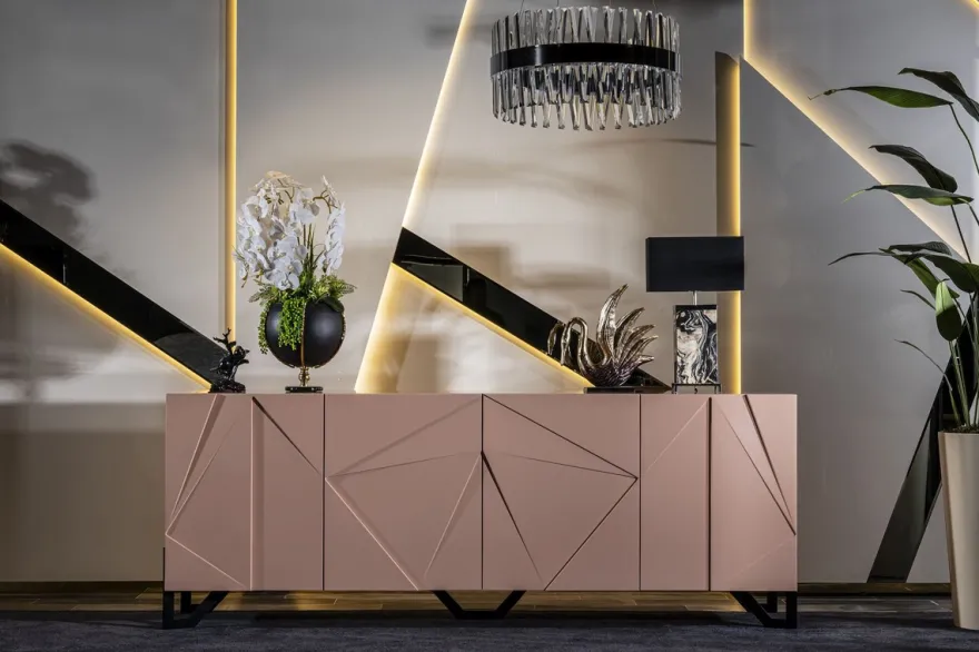 Casa Padrino Luxus Designer Sideboard Rosa / Schwarz 220 x 50 x H. 88 cm - Massivholz Schrank mit 4 Türen - Esszimmer Möbel - Hotel Möbel - Designer Möbel - Luxus Möbel