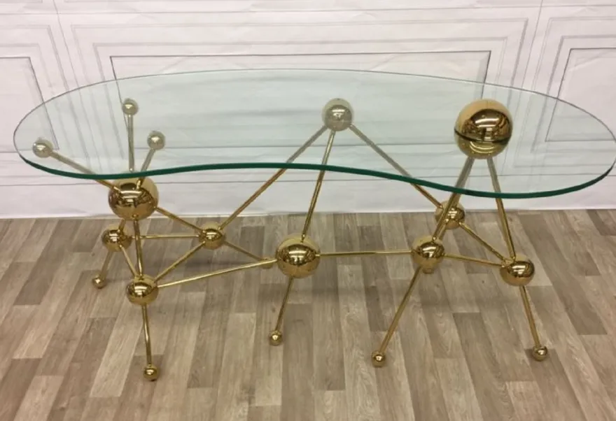 Casa Padrino Luxus Designer Schreibtisch Gold 160 x 75 x H. 77 cm - Metall Bürotisch mit gebogener Glasplatte - Computertisch - Luxus Designer Büro Möbel