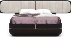 Casa Padrino Luxus Doppelbett Grau / Schwarz / Kupfer 330 x 215 x H. 120 cm - Massivholz Bett mit gepolstertem Kopfteil - Schlafzimmer Möbel - Hotel Möbel - Luxus Möbel