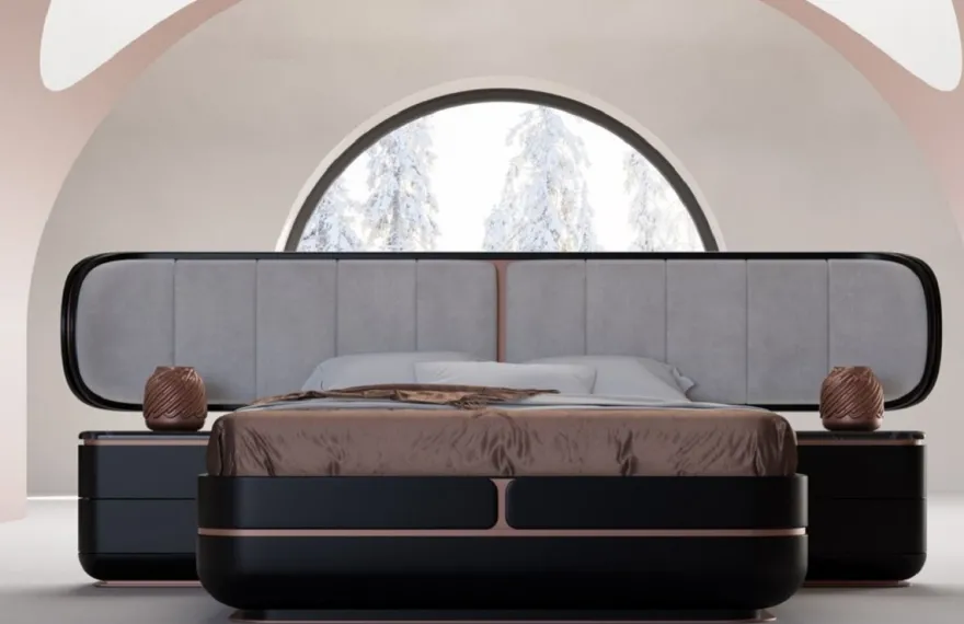 Casa Padrino Luxus Doppelbett Grau / Schwarz / Kupfer 330 x 215 x H. 120 cm - Massivholz Bett mit gepolstertem Kopfteil - Schlafzimmer Möbel - Hotel Möbel - Luxus Möbel