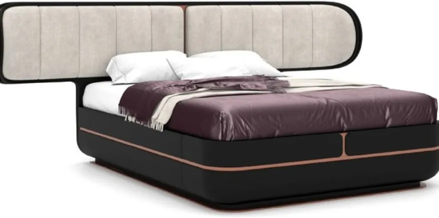 Casa Padrino Luxus Doppelbett Grau / Schwarz / Kupfer 330 x 215 x H. 120 cm - Massivholz Bett mit gepolstertem Kopfteil - Schlafzimmer Möbel - Hotel Möbel - Luxus Möbel