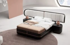 Casa Padrino Luxus Doppelbett Grau / Schwarz / Kupfer 330 x 215 x H. 120 cm - Massivholz Bett mit gepolstertem Kopfteil - Schlafzimmer Möbel - Hotel Möbel - Luxus Möbel