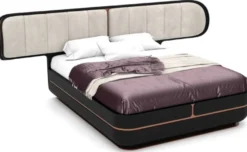 Casa Padrino Luxus Doppelbett Grau / Schwarz / Kupfer 330 x 215 x H. 120 cm - Massivholz Bett mit gepolstertem Kopfteil - Schlafzimmer Möbel - Hotel Möbel - Luxus Möbel