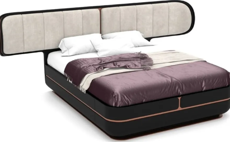 Casa Padrino Luxus Doppelbett Grau / Schwarz / Kupfer 330 x 215 x H. 120 cm - Massivholz Bett mit gepolstertem Kopfteil - Schlafzimmer Möbel - Hotel Möbel - Luxus Möbel