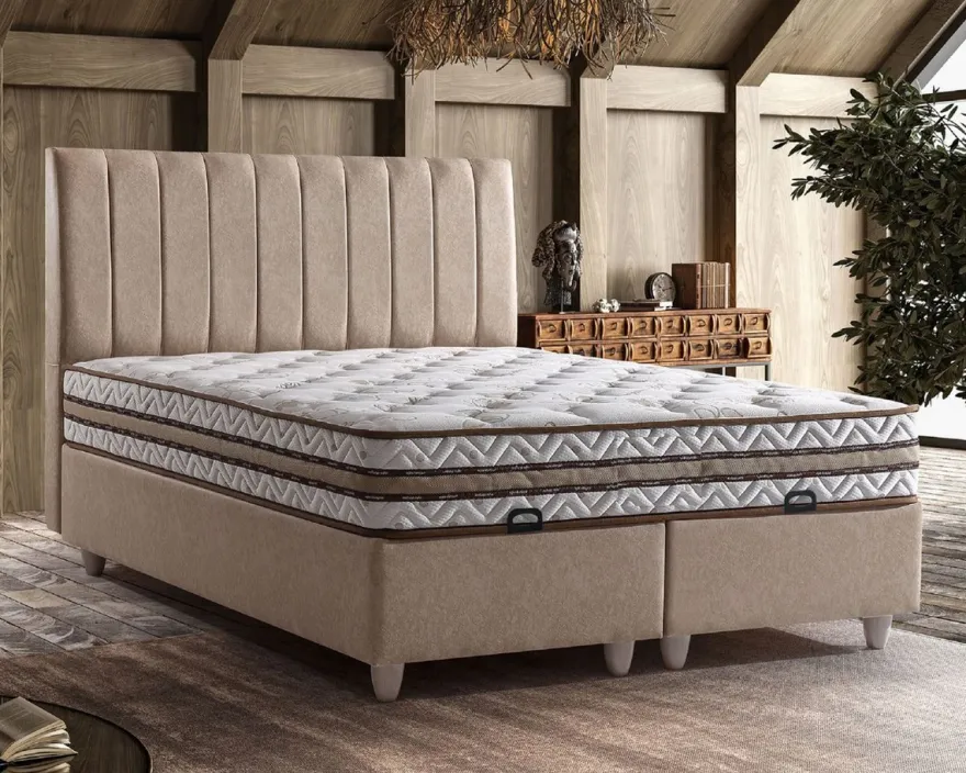 Casa Padrino Luxus Doppelbett Beige / Weiß - Verschiedene Größen - Massivholz Bett mit Kopfteil und Matratze - Schlafzimmer Möbel - Hotel Möbel - Luxus Möbel
