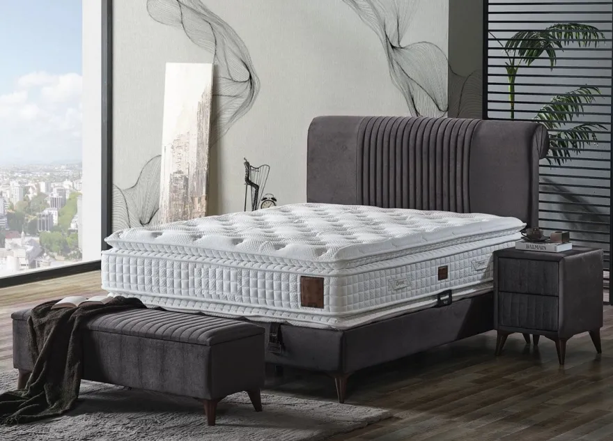 Casa Padrino Luxus Doppelbett Grau / Weiß / Dunkelbraun 180 x 200 cm - Massivholz Bett mit Kopfteil und Matratze - Schlafzimmer Möbel - Hotel Möbel - Luxus Möbel - Luxus Einrichtung