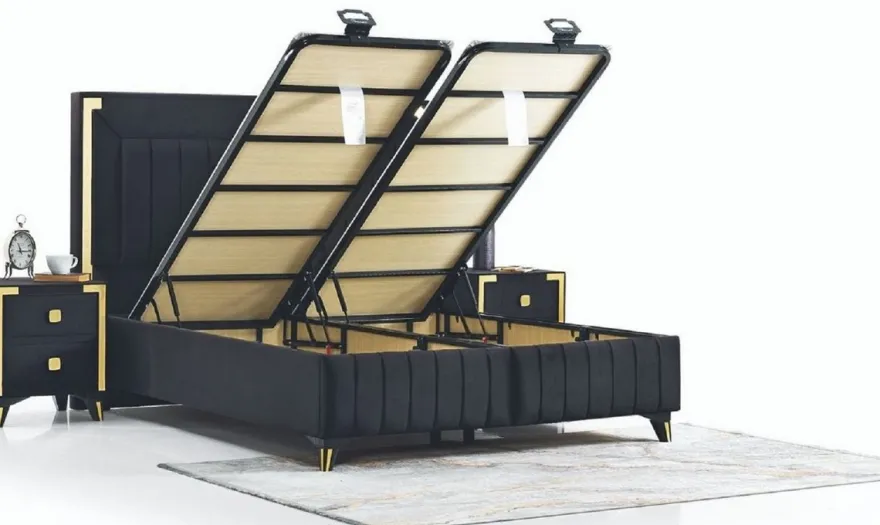 Casa Padrino Luxus Doppelbett Schwarz / Gelbgold - Modernes Massivholz Bett - Moderne Schlafzimmer & Hotel Möbel - Luxus Kollektion