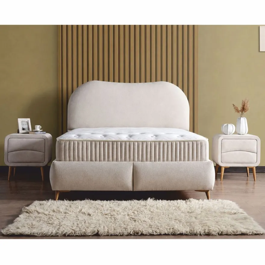 Casa Padrino Luxus Doppelbett mit Matratze und LED Beleuchtung Beige / Braun 180 x 200 cm - Hotel Möbel - Schlafzimmer Möbel