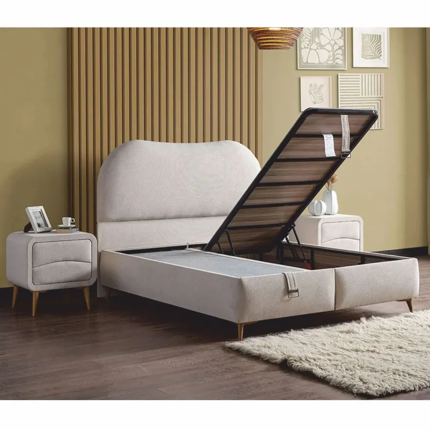 Casa Padrino Luxus Doppelbett mit Matratze und LED Beleuchtung Beige / Braun 180 x 200 cm - Hotel Möbel - Schlafzimmer Möbel