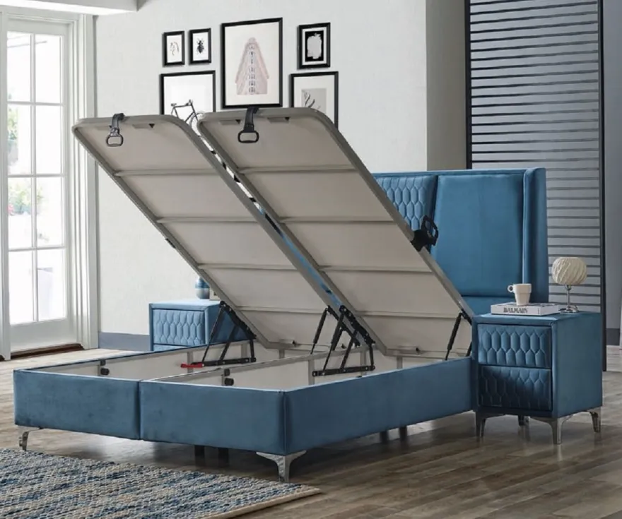 Casa Padrino Luxus Doppelbett Blau / Weiß / Silber 180 x 200 cm - Massivholz Bett mit Kopfteil und Matratze - Schlafzimmer Möbel - Hotel Möbel - Luxus Möbel - Luxus Einrichtung