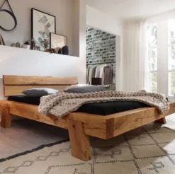 Casa Padrino Luxus Doppelbett Naturfarben - Verschiedene Größen - Massivholz Bett mit Kopfteil und Matratze - Hotel Möbel - Schlafzimmer Möbel - Luxus Möbel - Luxus Einrichtung
