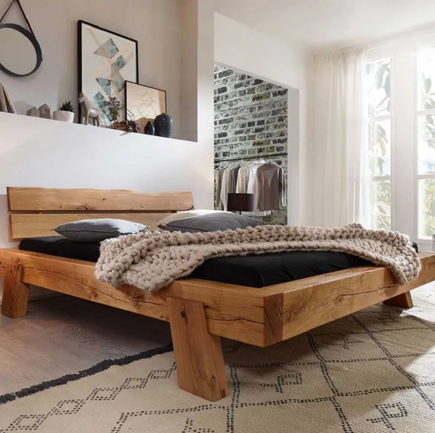 Casa Padrino Luxus Doppelbett Naturfarben - Verschiedene Größen - Massivholz Bett mit Kopfteil und Matratze - Hotel Möbel - Schlafzimmer Möbel - Luxus Möbel - Luxus Einrichtung