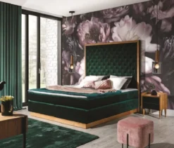 Casa Padrino Luxus Doppelbett Dunkelgrün / Naturfarben - Verschiedene Größen - Modernes Massivholz Bett mit Kopfteil - Moderne Schlafzimmer Möbel - Luxus Kollektion