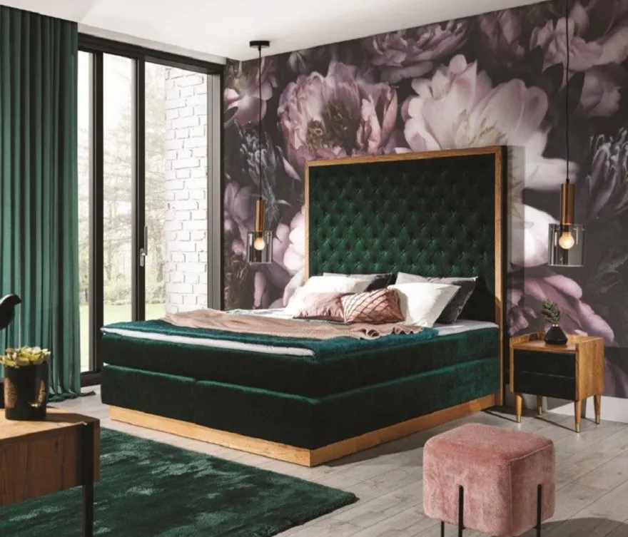 Casa Padrino Luxus Doppelbett Dunkelgrün / Naturfarben - Verschiedene Größen - Modernes Massivholz Bett mit Kopfteil - Moderne Schlafzimmer Möbel - Luxus Kollektion