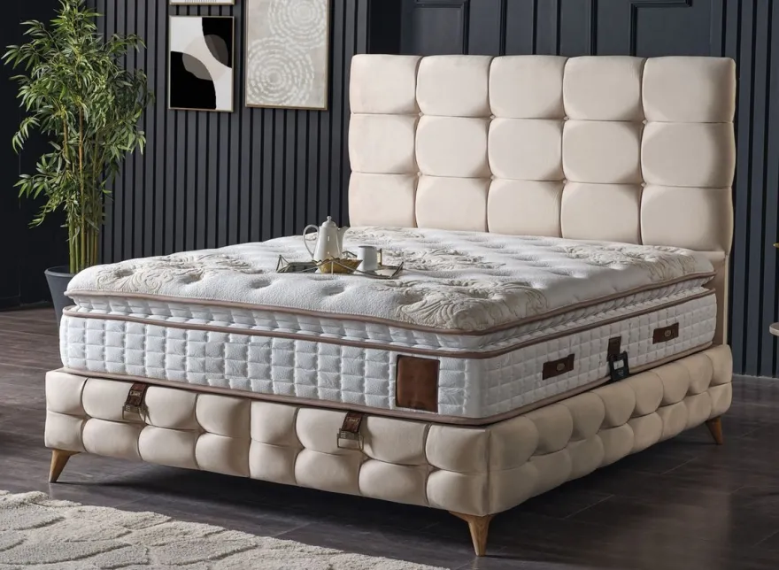 Casa Padrino Luxus Doppelbett Creme / Weiß / Braun 180 x 200 cm - Massivholz Bett mit Kopfteil und Matratze - Schlafzimmer Möbel - Hotel Möbel - Luxus Möbel - Luxus Einrichtung