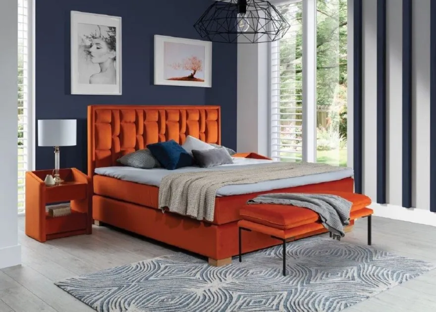 Casa Padrino Luxus Doppelbett Orange / Naturfarben - Verschiedene Größen - Modernes Massivholz Bett mit Kopfteil - Moderne Schlafzimmer Möbel - Luxus Kollektion