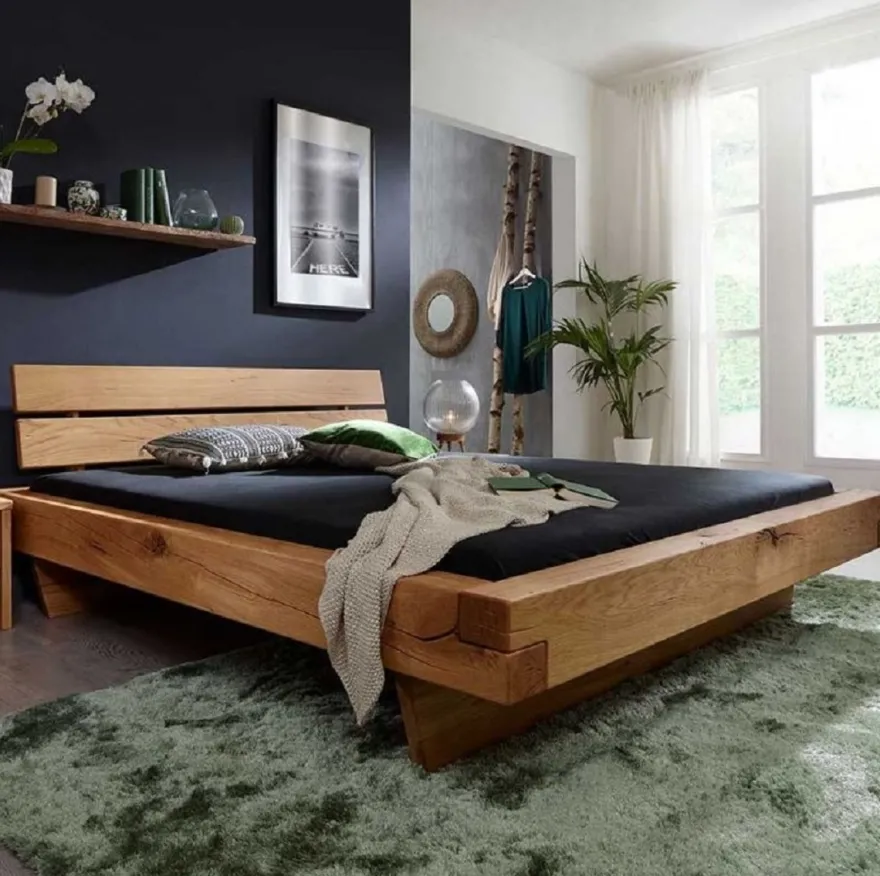 Casa Padrino Luxus Doppelbett Naturfarben - Verschiedene Größen - Massivholz Bett mit Kopfteil und Matratze - Hotel Möbel - Schlafzimmer Möbel - Luxus Einrichtung - Luxus Möbel