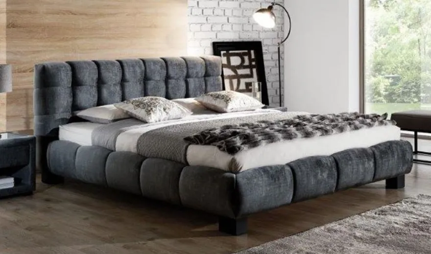 Casa Padrino Luxus Doppelbett Grau / Schwarz - Verschiedene Größen - Modernes Massivholz Bett mit Kopfteil - Luxus Schlafzimmer Möbel - Luxus Kollektion