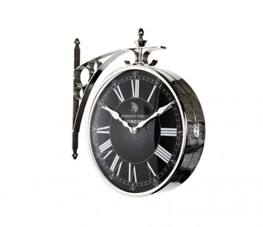 Casa Padrino Luxus Doppelseitige Bahnhofsuhr im Retro Stil, Nickel Finish, 29 x 8 x H. 39 cm