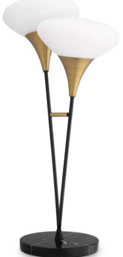 Casa Padrino Luxus Doppel Tischleuchte Antik Messingfarben / Schwarz / Weiß 50 x 28 x H. 87 cm - Schreibtschleuchte mit Marmorfuß - Luxus Kollektion