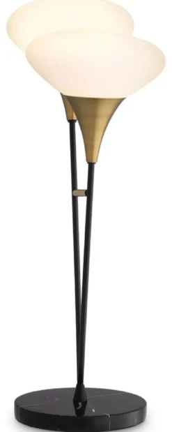 Casa Padrino Luxus Doppel Tischleuchte Antik Messingfarben / Schwarz / Weiß 50 x 28 x H. 87 cm - Schreibtschleuchte mit Marmorfuß - Luxus Kollektion