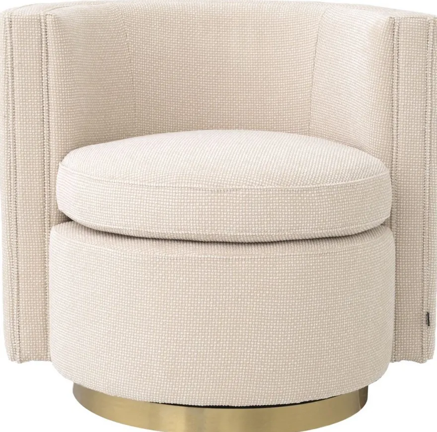 Casa Padrino Luxus Drehsessel Beige / Matt Gold 80 x 73 x H. 71,5 cm - Gepolsteter Wohnzimmer Sessel - Luxus Wohnzimmer Möbel