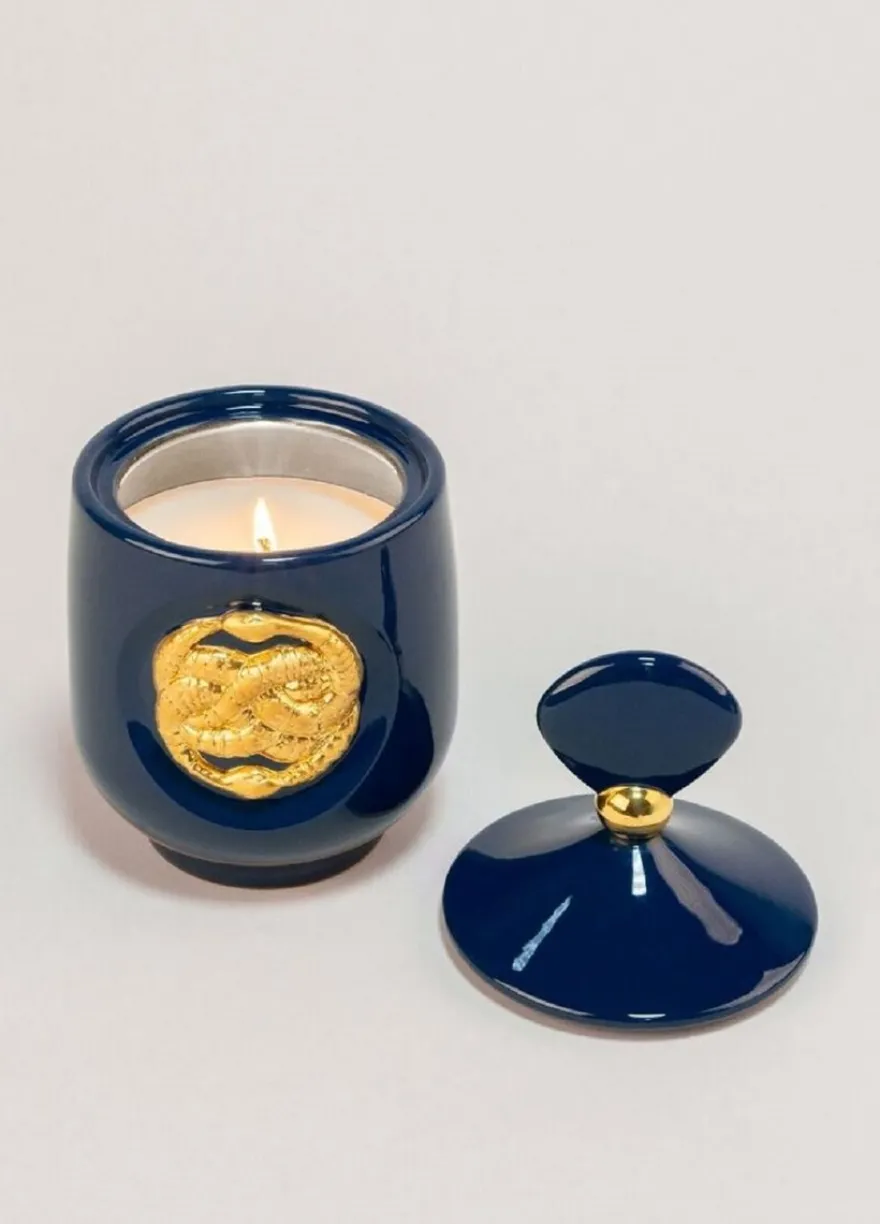 Casa Padrino Luxus Duftspender Schlangen Dunkelblau / Gold Ø 11 x H. 21 cm - Runder Porzellan Raumerfrischer mit Deckel - Deko Accessoires - Luxus Qualität