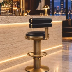 Casa Padrino Luxus Echtleder Barstuhl Schwarz / Messing H. 96 cm - Bar Möbel - Hotel Möbel - Luxus Möbel