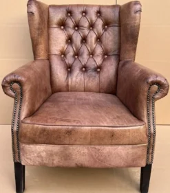 Casa Padrino Luxus Echtleder Chesterfield Ohrensessel Vintage Braun / Schwarz Wohnzimmer Sessel Leder