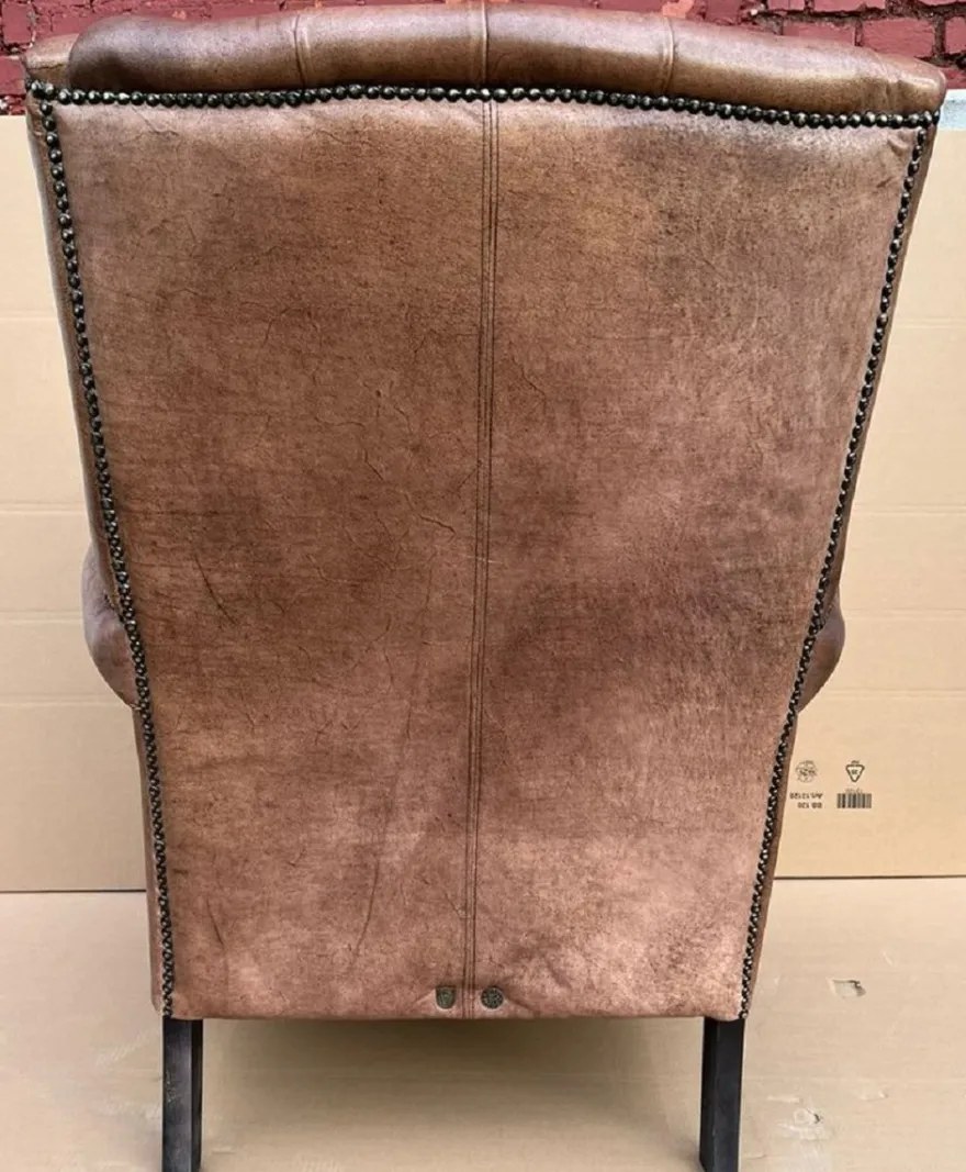 Casa Padrino Luxus Echtleder Chesterfield Ohrensessel Vintage Braun / Schwarz Wohnzimmer Sessel Leder
