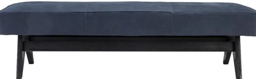 Casa Padrino Luxus Echtleder Bank Blau / Schwarz 164 x 54 x H. 44 cm - Gepolsterte Massivholz Sitzbank mit edlem Nubuk Büffelleder - Luxus Möbel