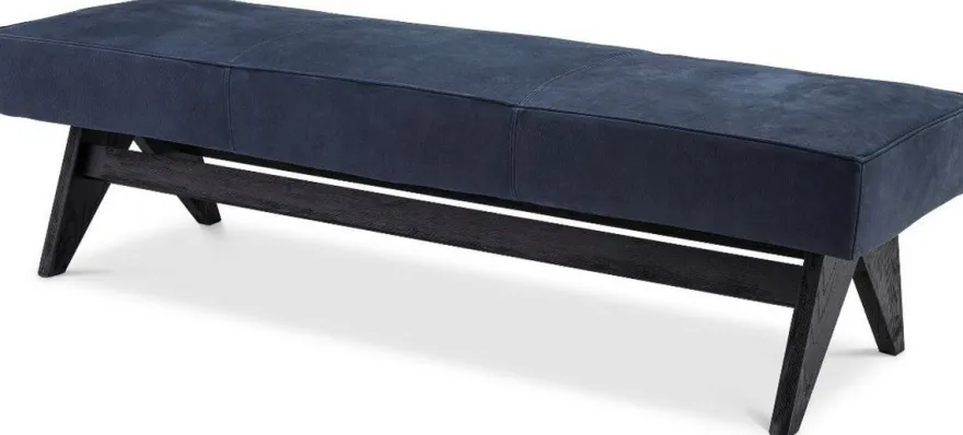 Casa Padrino Luxus Echtleder Bank Blau / Schwarz 164 x 54 x H. 44 cm - Gepolsterte Massivholz Sitzbank mit edlem Nubuk Büffelleder - Luxus Möbel