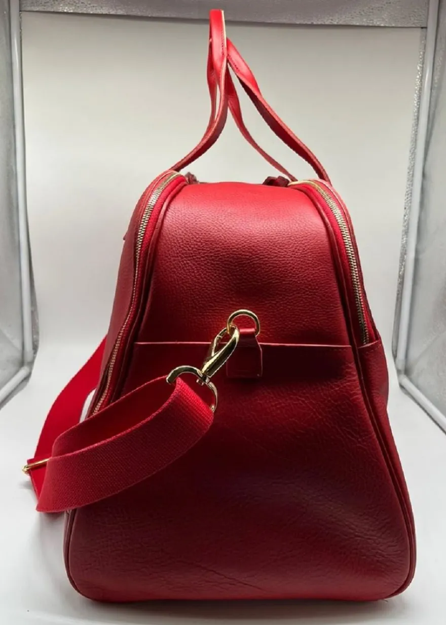 Casa Padrino Luxus Echtleder Reisetasche Rot / Gold 50 cm - Made in Italy