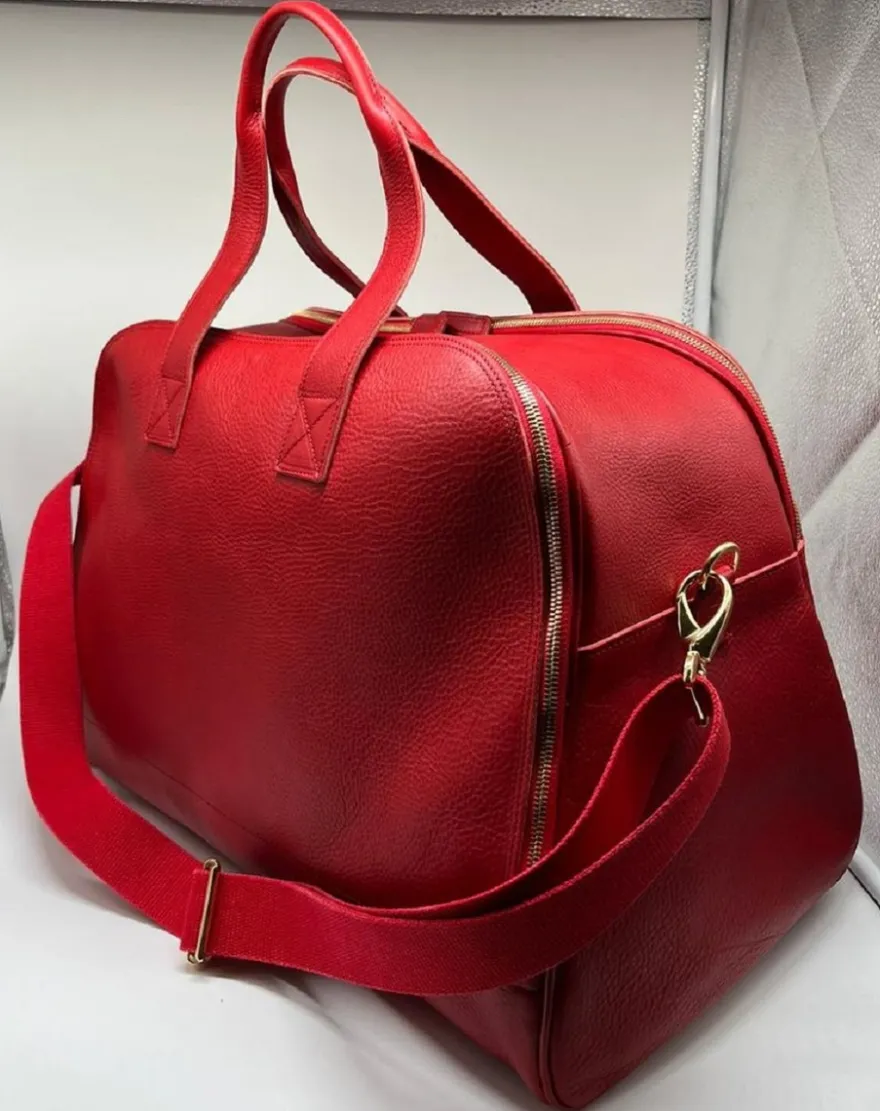 Casa Padrino Luxus Echtleder Reisetasche Rot / Gold 50 cm - Made in Italy