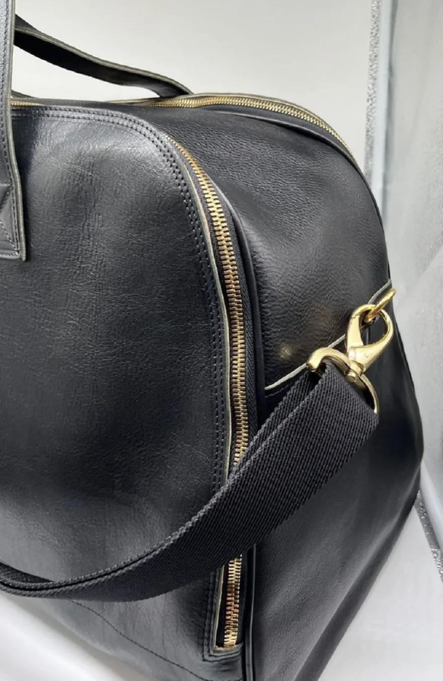 Casa Padrino Luxus Echtleder Reisetasche Schwarz / Gold 50 cm - Made in Italy
