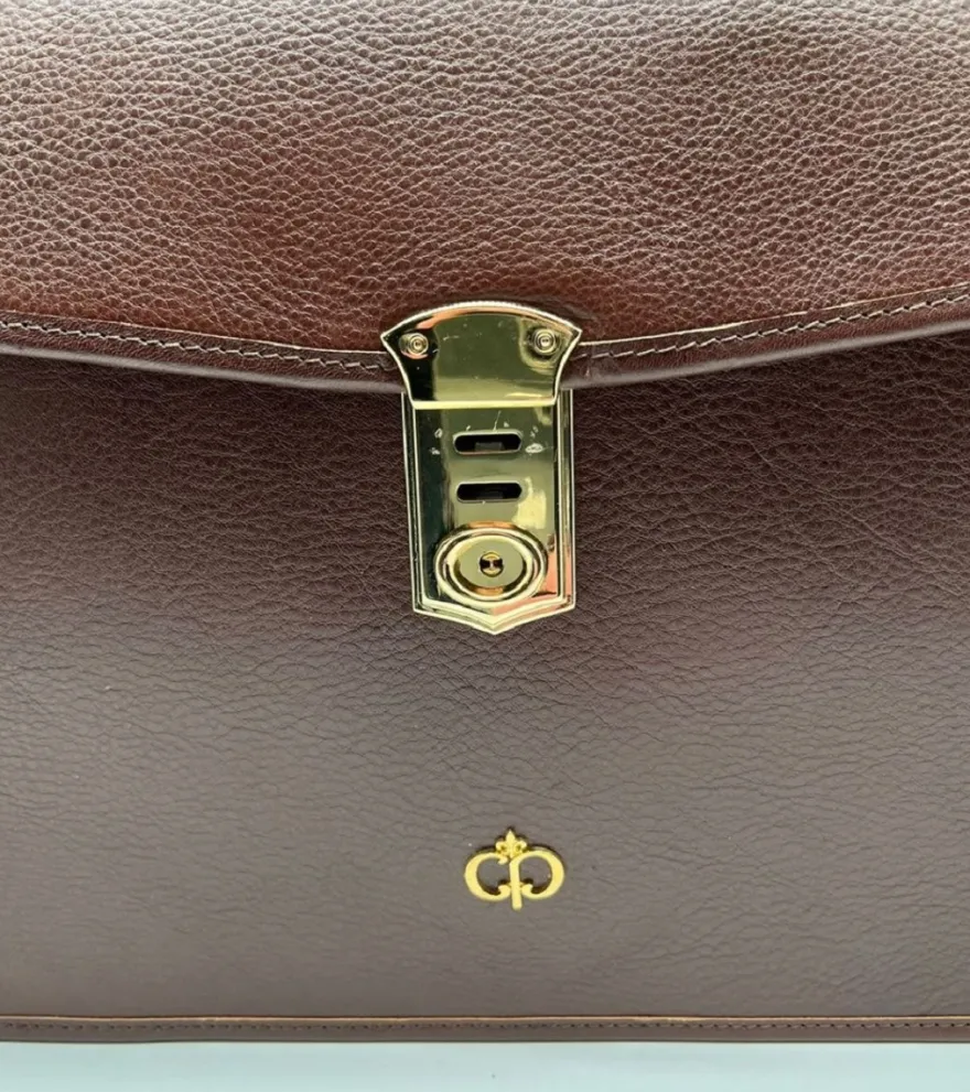 Casa Padrino Luxus Echtleder Herren Aktentasche Dunkelbraun / Gold 42 cm - Made in Italy