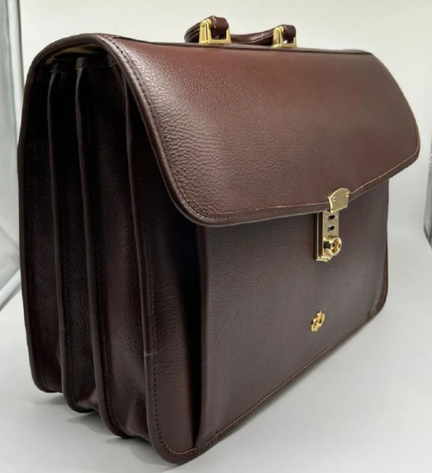Casa Padrino Luxus Echtleder Herren Aktentasche Dunkelbraun / Gold 42 cm - Made in Italy