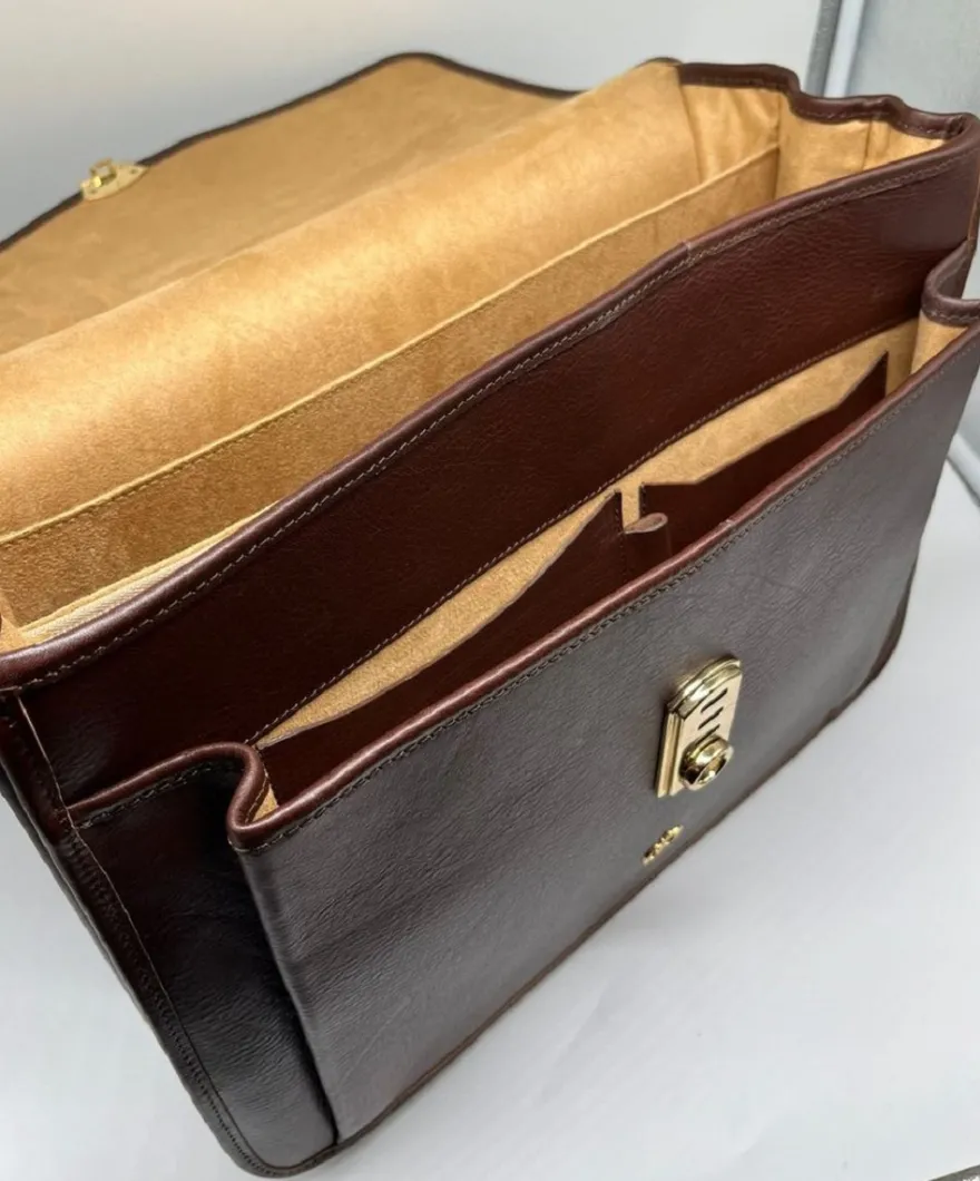 Casa Padrino Luxus Echtleder Herren Aktentasche Dunkelbraun / Gold 42 cm - Made in Italy