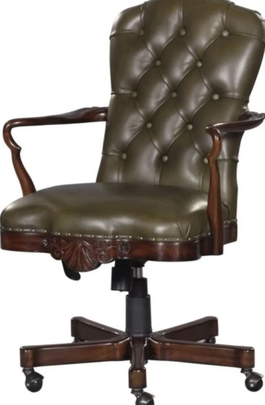 Casa Padrino Luxus Echtleder Bürostuhl Braun / Grün 63 x 68 x H. 102 cm - Luxus Drehstuhl