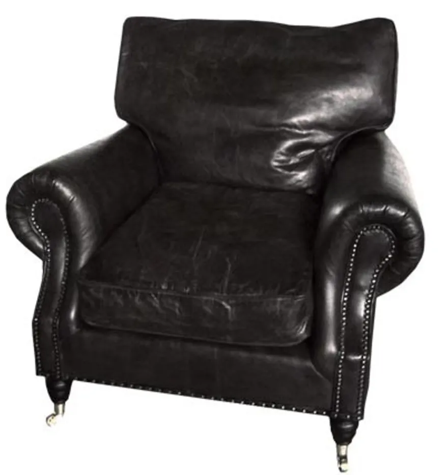 Casa Padrino Luxus Echtleder Sessel Vintage Art Deco Schwarz 106 x 105 x 93 cm