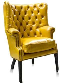 Casa Padrino Luxus Echtleder Sessel Gelb / Schwarz 84 x 85 x H. 112 cm - Luxus Hotel Möbel