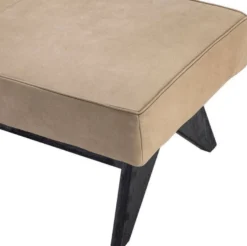 Casa Padrino Luxus Echtleder Bank Beige / Schwarz 164 x 54 x H. 44 cm - Gepolsterte Massivholz Sitzbank mit edlem Nubuk Büffelleder - Luxus Möbel