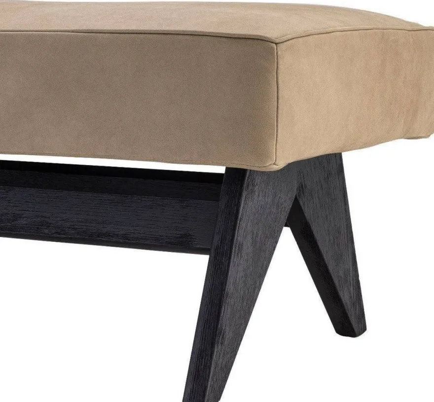 Casa Padrino Luxus Echtleder Bank Beige / Schwarz 164 x 54 x H. 44 cm - Gepolsterte Massivholz Sitzbank mit edlem Nubuk Büffelleder - Luxus Möbel