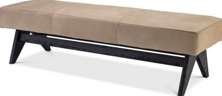 Casa Padrino Luxus Echtleder Bank Beige / Schwarz 164 x 54 x H. 44 cm - Gepolsterte Massivholz Sitzbank mit edlem Nubuk Büffelleder - Luxus Möbel