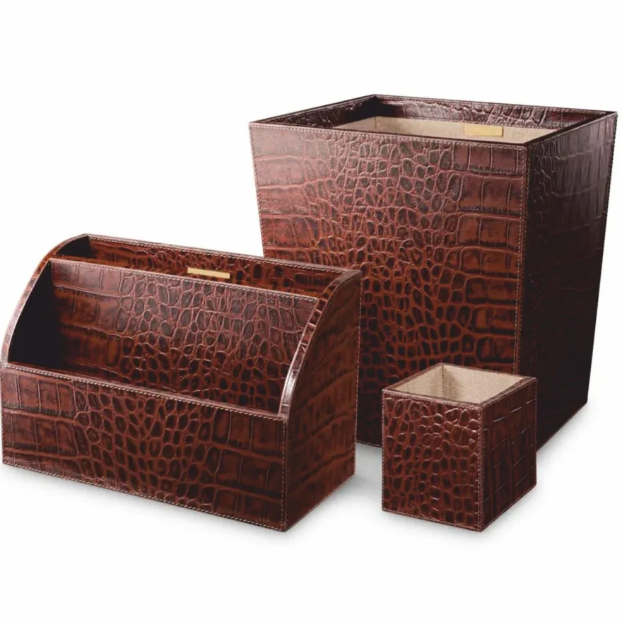 Casa Padrino Luxus Echtleder Schreibtisch Set Antik Braun - Schreibtisch Accessoires