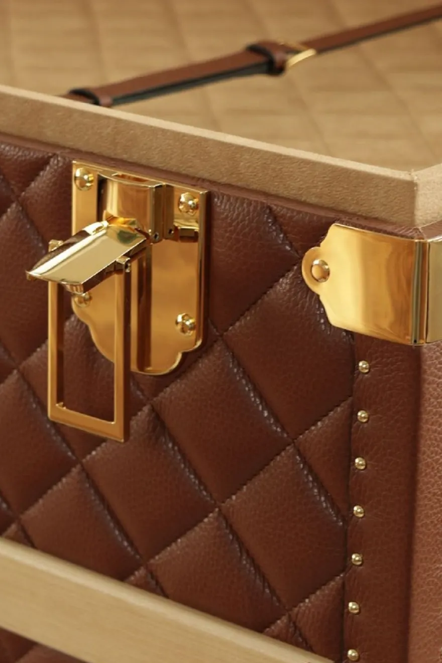 Casa Padrino Luxus Echtleder Koffer Braun / Gold 100 cm - Made in Italy