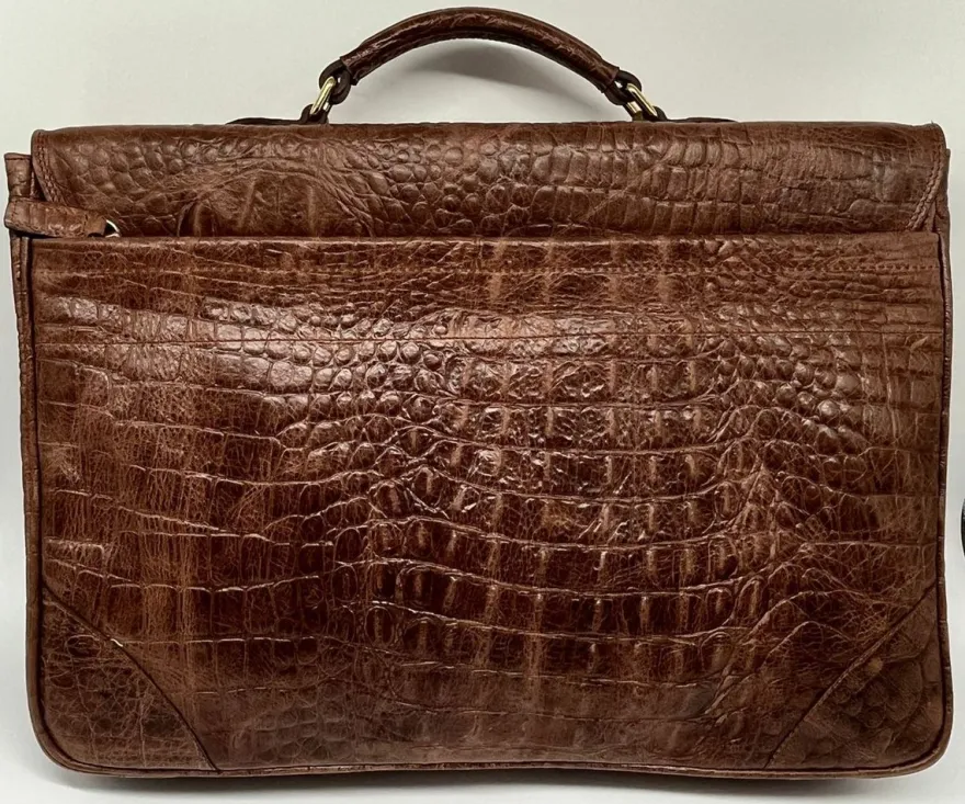 Casa Padrino Luxus Echtleder Herren Aktentasche in Kroko Optik Braun / Gold 42 cm - Made in Italy