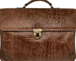 Casa Padrino Luxus Echtleder Herren Aktentasche in Kroko Optik Braun / Gold 42 cm - Made in Italy