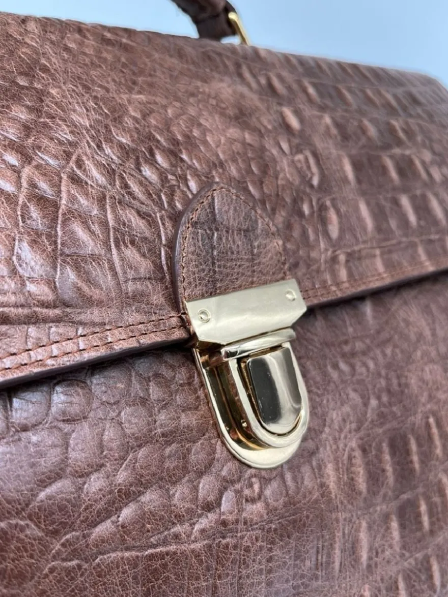 Casa Padrino Luxus Echtleder Herren Aktentasche in Kroko Optik Braun / Gold 42 cm - Made in Italy
