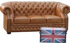Casa Padrino Luxus Echtleder 3er Sofa Hellbraun 210 x 90 x H. 80 cm - Chesterfield Sofa
